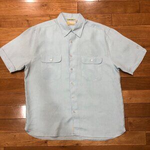 Cubavera 100% Linen Short Sleeve Button Front Light Blue Shirt Size L